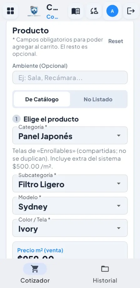 Cotizador en la app de Android: eligiendo panel japonés, modelo Sydney y tela Ivory